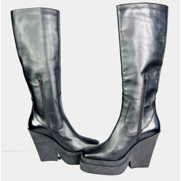 Gia Borghini Texan Knee High Western Boot Black Leather Platform Wedge Heel - Picture 5 of 9